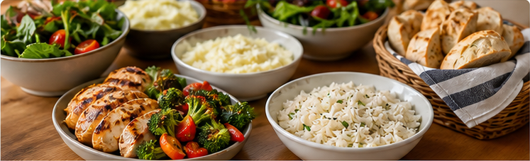 Family dinner table with shared bowls.
