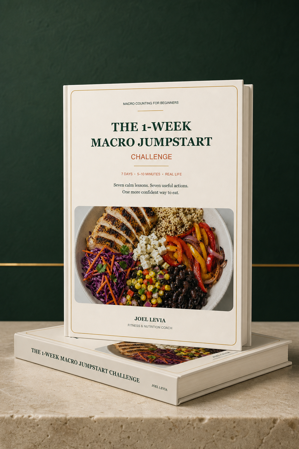 Luxury book mockup of The 1-Week Macro Jumpstart Challenge.
