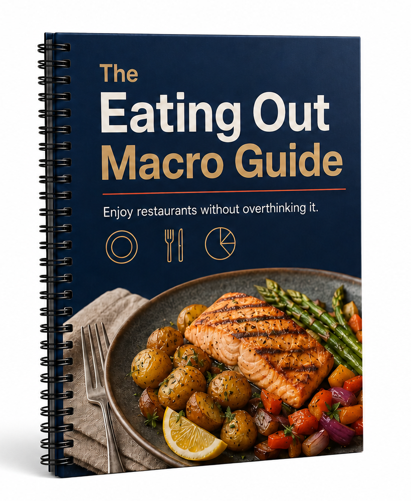 Book mockup of the Eating Out Macro Guide.