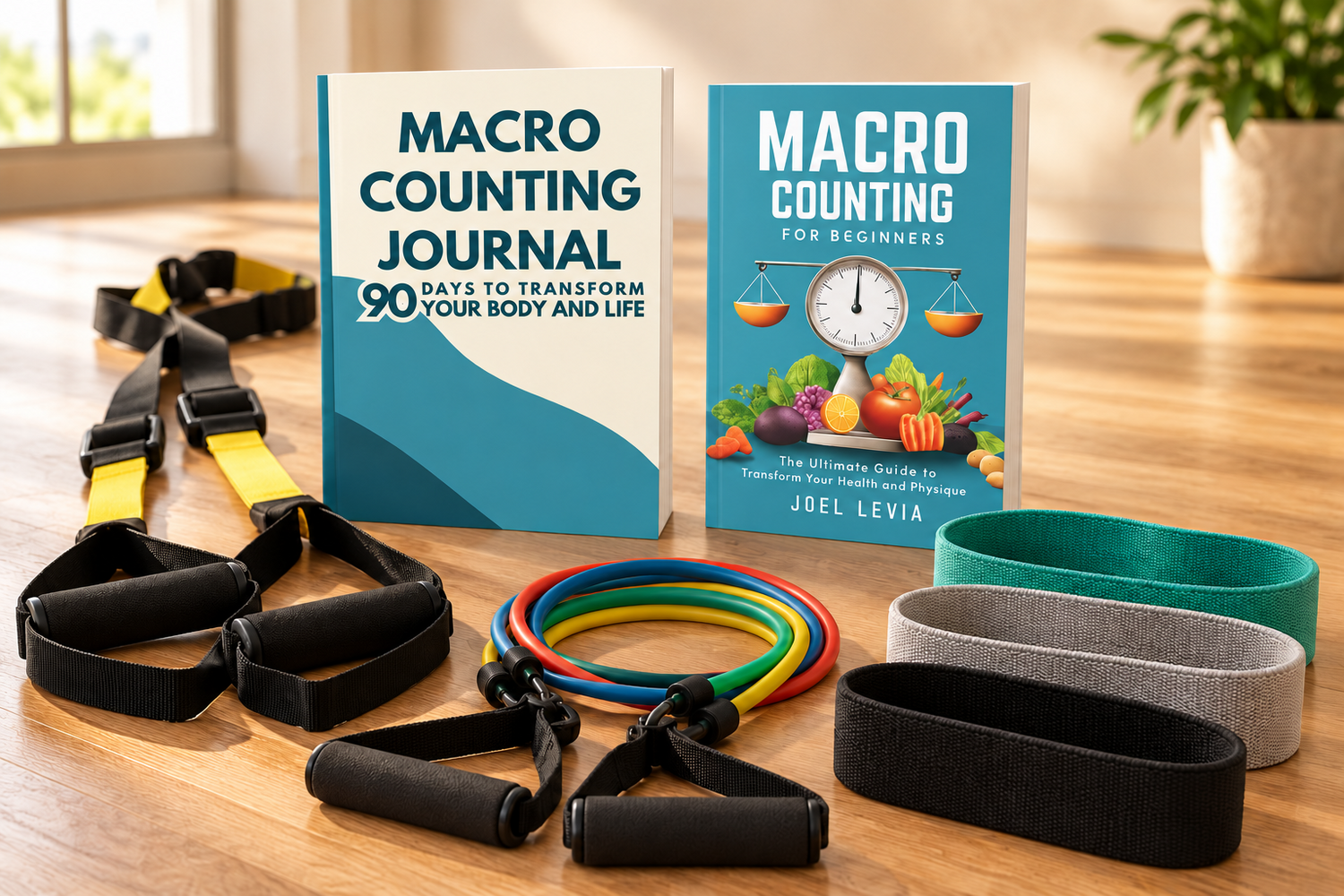 Macro Counting for Beginners book and 90-day journal with suspension straps and resistance bands.